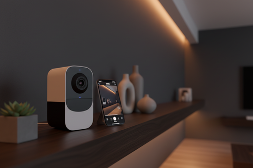 Axion Home Cam – compact smart security camera in a minimal dark living room