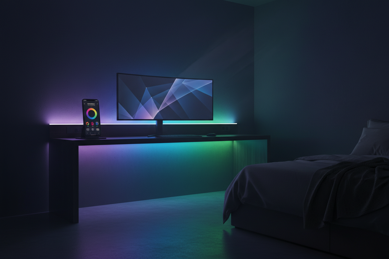 Axion LED Room Kit – cinematic smart bedroom setup with vibrant RGB lighting
