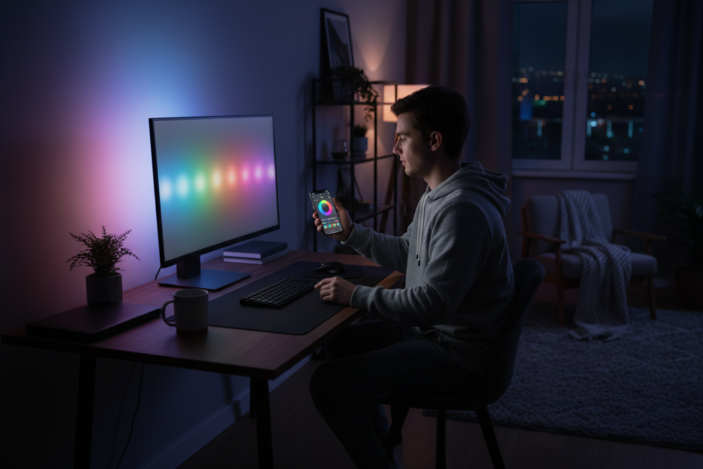 Axion LED Room Kit – lifestyle shot of student at dark desk setup with LED lighting